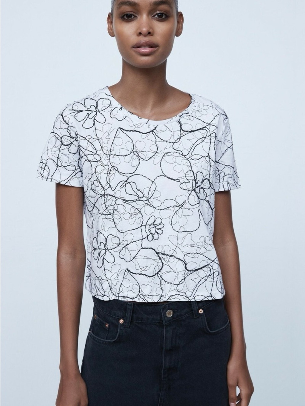 Zara White Tee with Black Floral Abstract Embroidered Design